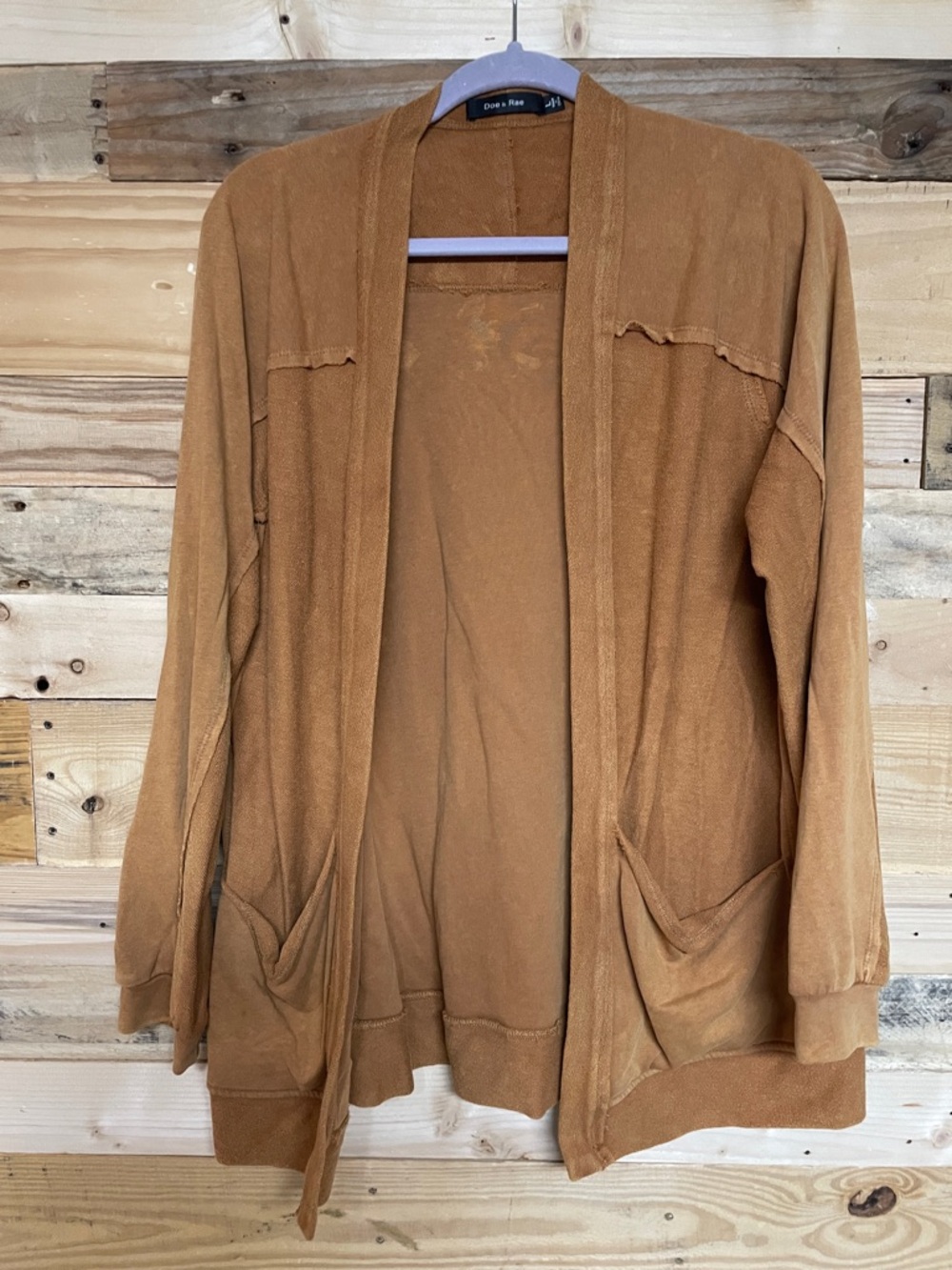 Doe & Rae size Large Open-Front Terrycloth Soft Cardigan in Brown has Pockets